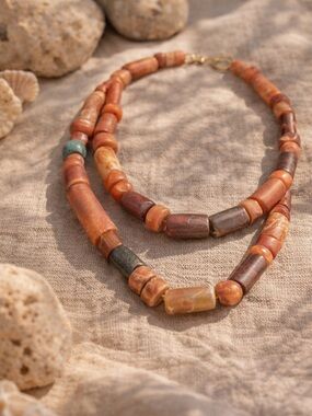 Natural Stone Chunky Bead Necklace Boho Earth Tone 28” Statement